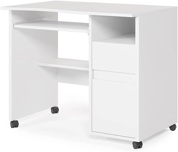 Scrivania Polo, Bianco, 91 x 59 cm, con ruote e piano di lavoro estraibile