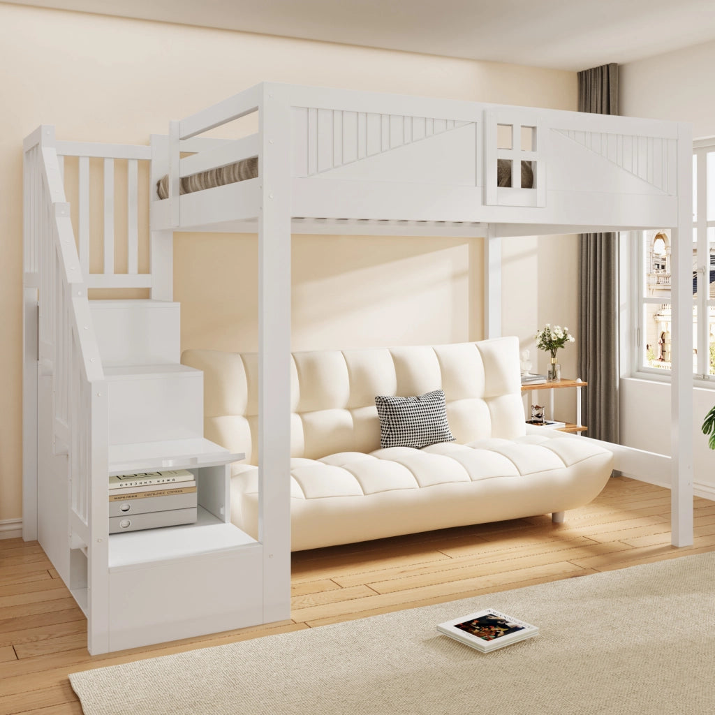 Letto a soppalco 140x200 cm con parapetto a finestra e scala contenitore reversibile; struttura in legno massello; bianco