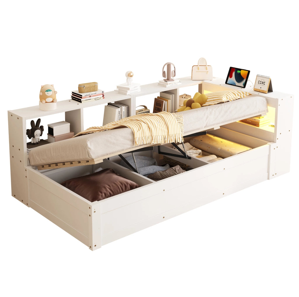 Letto multifunzionale 90x200 cm con LED, presa integrata e vani contenitore
