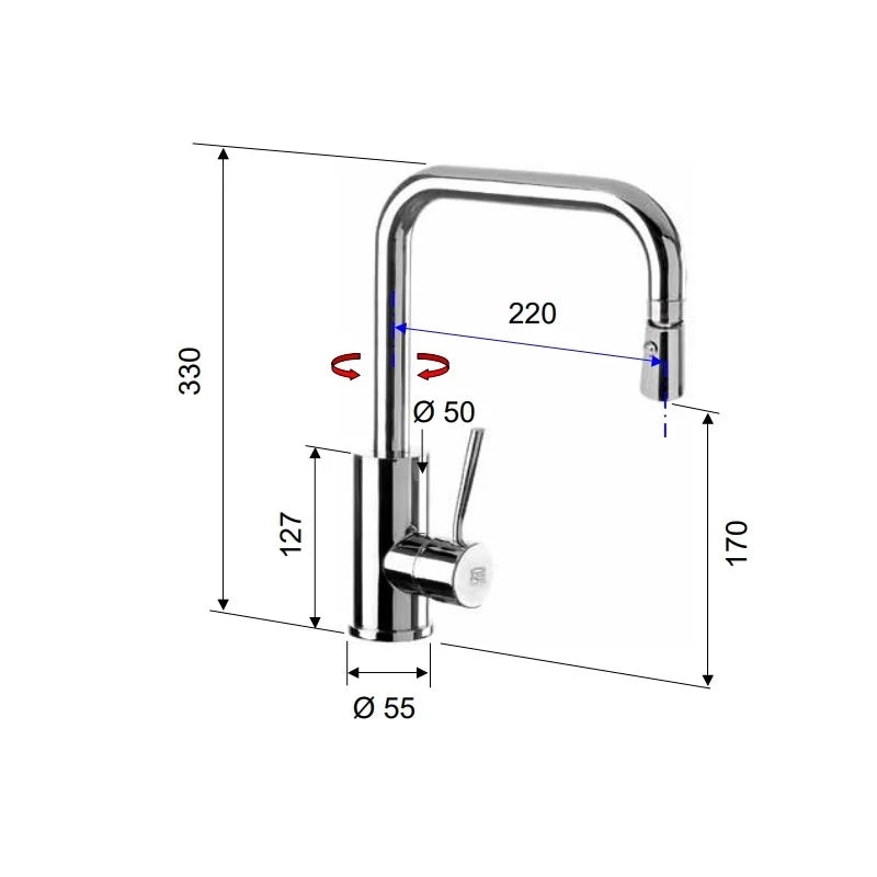 Rubinetto laterale per lavello con bocca a u girevole e doccetta dual jet serie minimal
