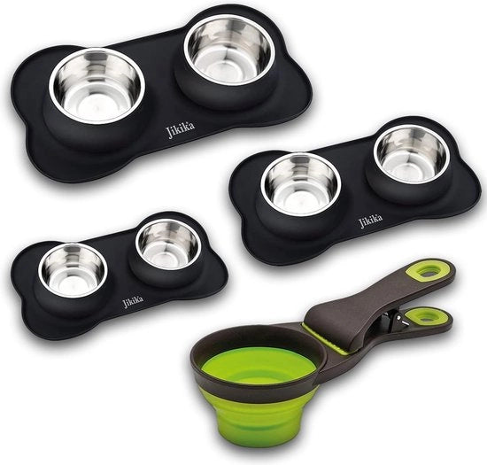 Ciotola per cani, ciotola per gatti, ciotola per gatti con doppio contenitore in fondo in acciaio inossidabile, con base antiscivolo in silicone, set contenitore per cibo, ciotole per gatti, acqua e cibo con cucchiaio, 2 x 400 ml, nero