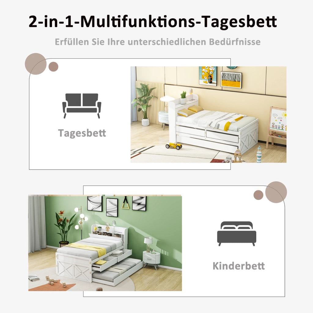 LETTO 90x190 cm in legno massello bianco con 2 cassetti, letto estraibile, USB