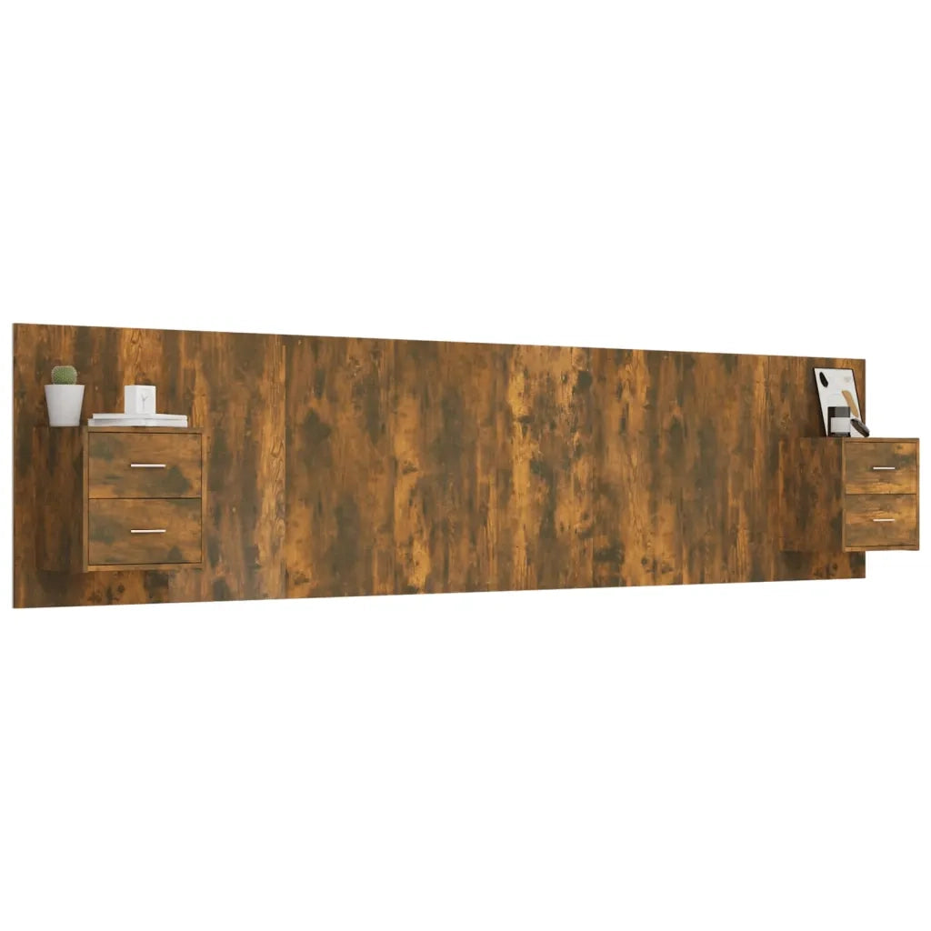 Testiera Letto con Comodini-Testiera con Contenitore in Legno Multistrato Rovere Fumo 963028
