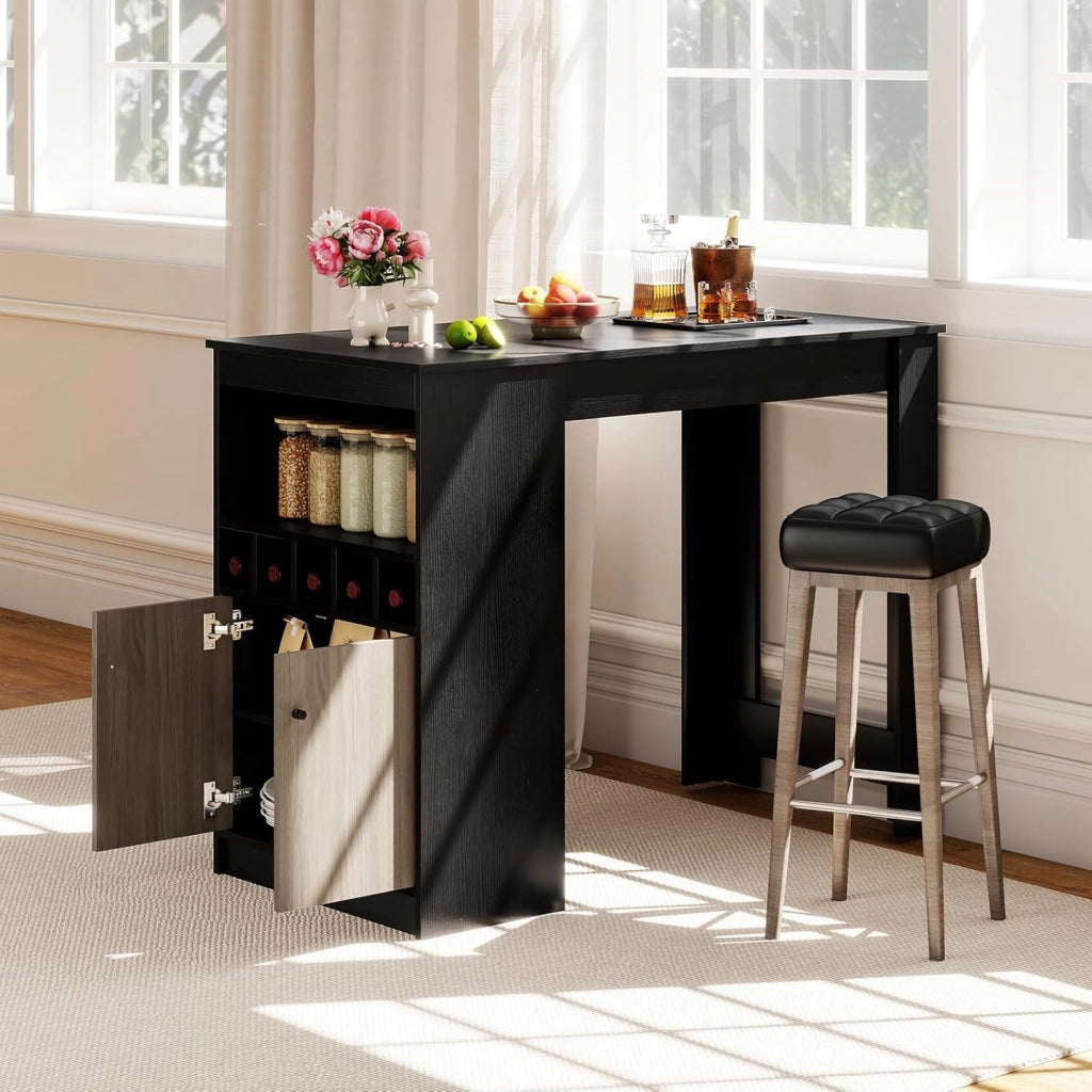 Bancone da cucina con spazio di archiviazione, tavolo da pranzo con portabottiglie e ripiani aperti e porta, bancone da bar, piano alto, tavolo da bar in piedi, in legno, 120 x 60 x 91,5 cm