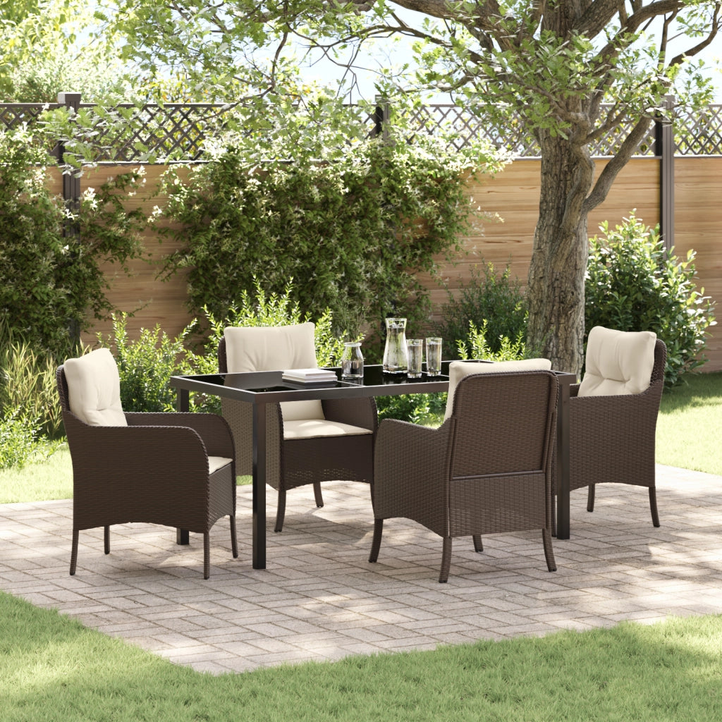 Set da Pranzo per Giardino da 5 Pezzi con Cuscini Marrone Rattan PE
