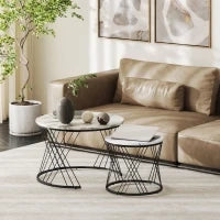 Set di 2 tavolini nidificati rotondi Ø 70/44,5 cm con piano effetto marmo e piedi in metallo, grigio e bianco