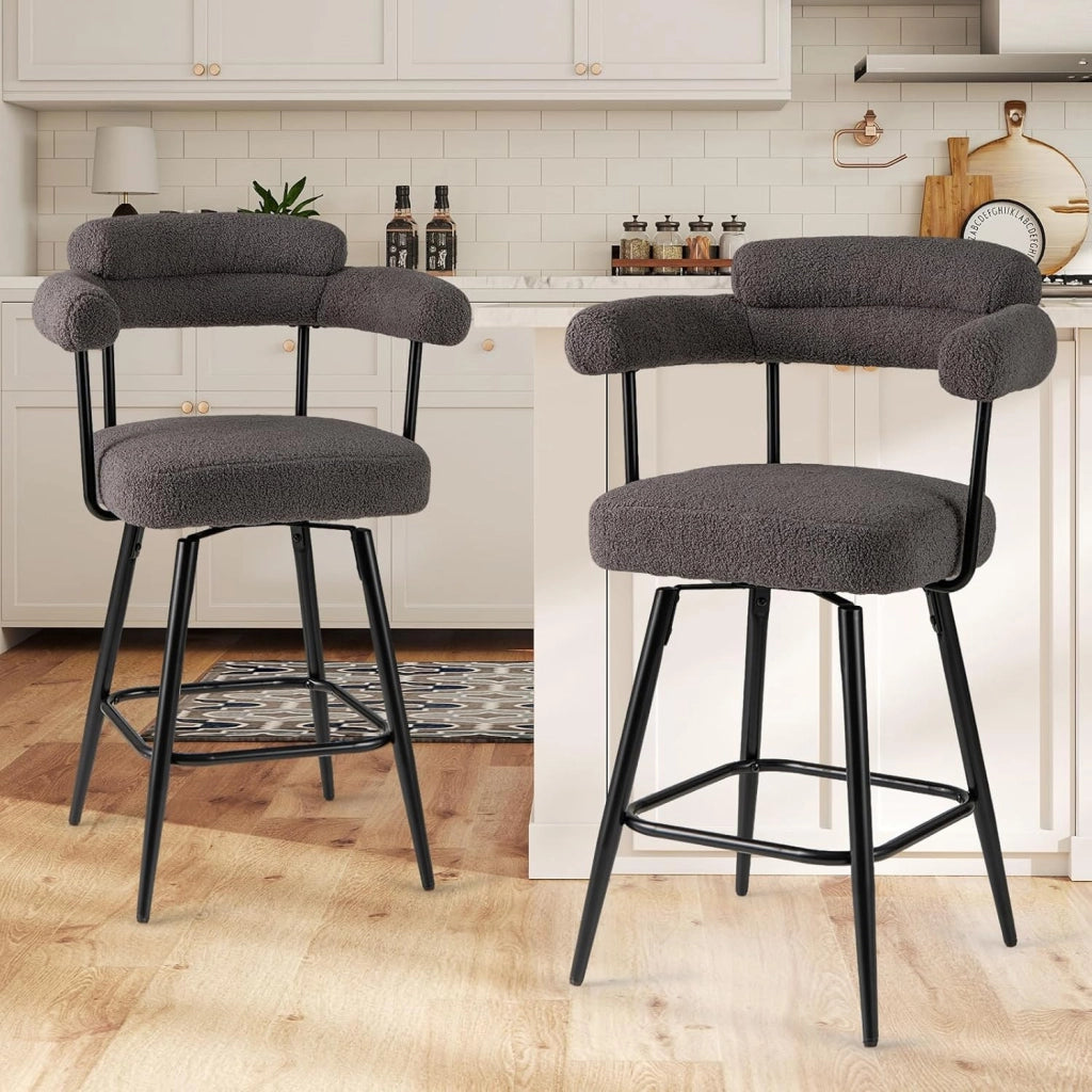 Set di 2 Sgabelli da Bar Girevoli Altezza 69 cm, Sedie Moderne Imbottite con Tessuto Boucle, Schienali Curvi e Gambe in Metallo, Sedie Girevoli per Isola Cucina, Casa, Bianco/Grigio (Grigio)