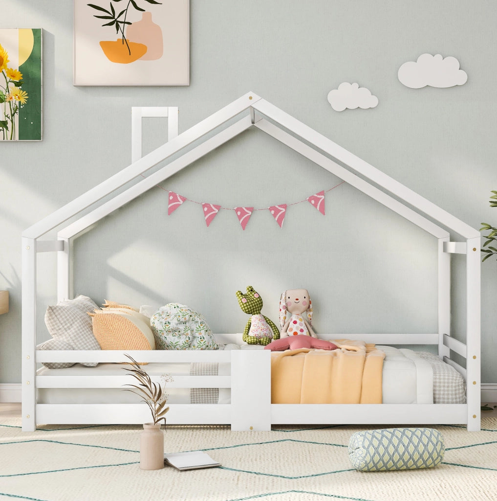 Letto a casetta per bambini 90x200 cm con protezione anticaduta; in legno massello di pino; bianco