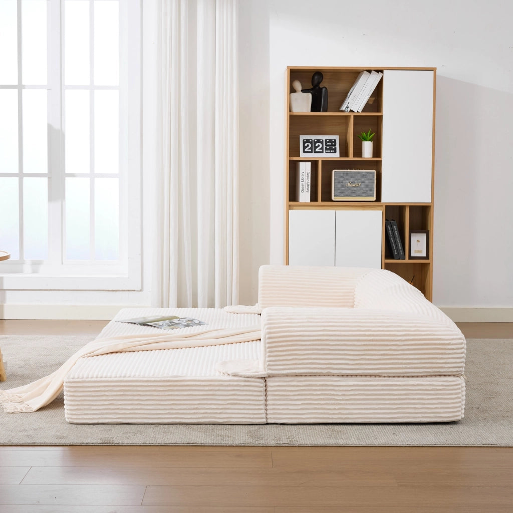 Divano letto convertibile a 2 posti in tessuto a coste con struttura stabile e braccioli imbottiti beige compatto