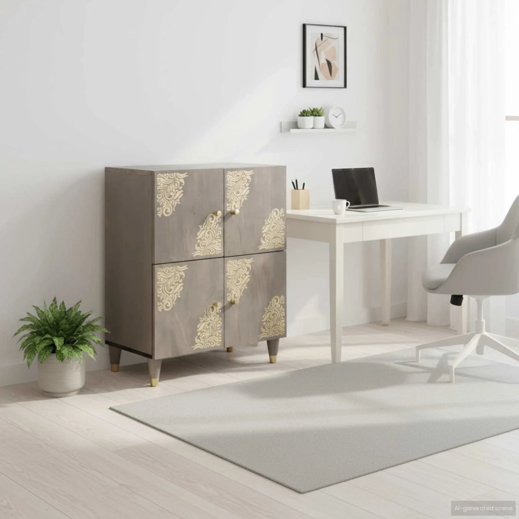 Credenza-Buffet-Armadio da cucina Grigio e Oro 60 x 33 x 75 cm Legno di mango massello 191432