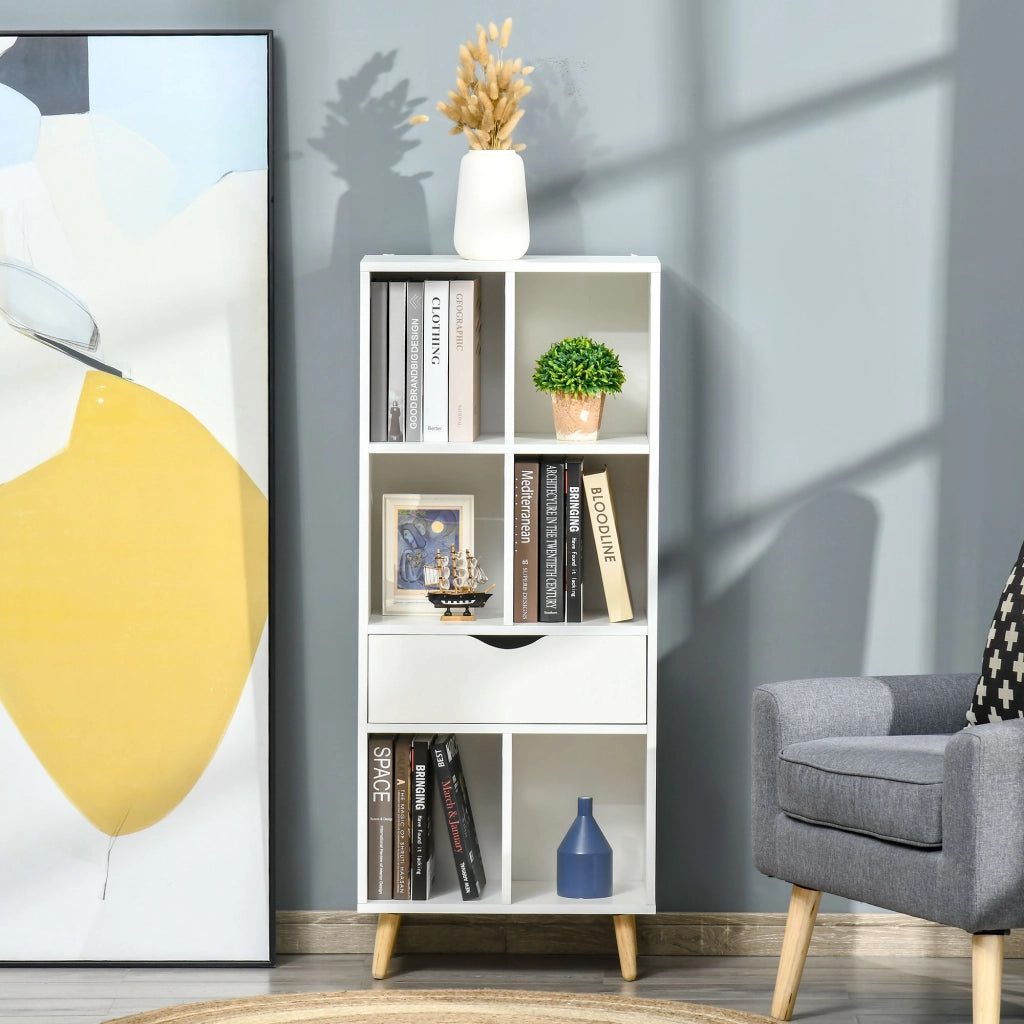 Libreria con cassetto e gambe in legno 6 scomparti aperti ¨C zephmum ¨C 50x29.5x120 cm bianco