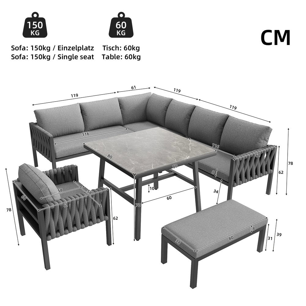 Set Divano da Giardino Angolare con Tavolo in Vetro ¨C Xylo ¨C Polyrattan, Cuscini Inclusi, Grigio
