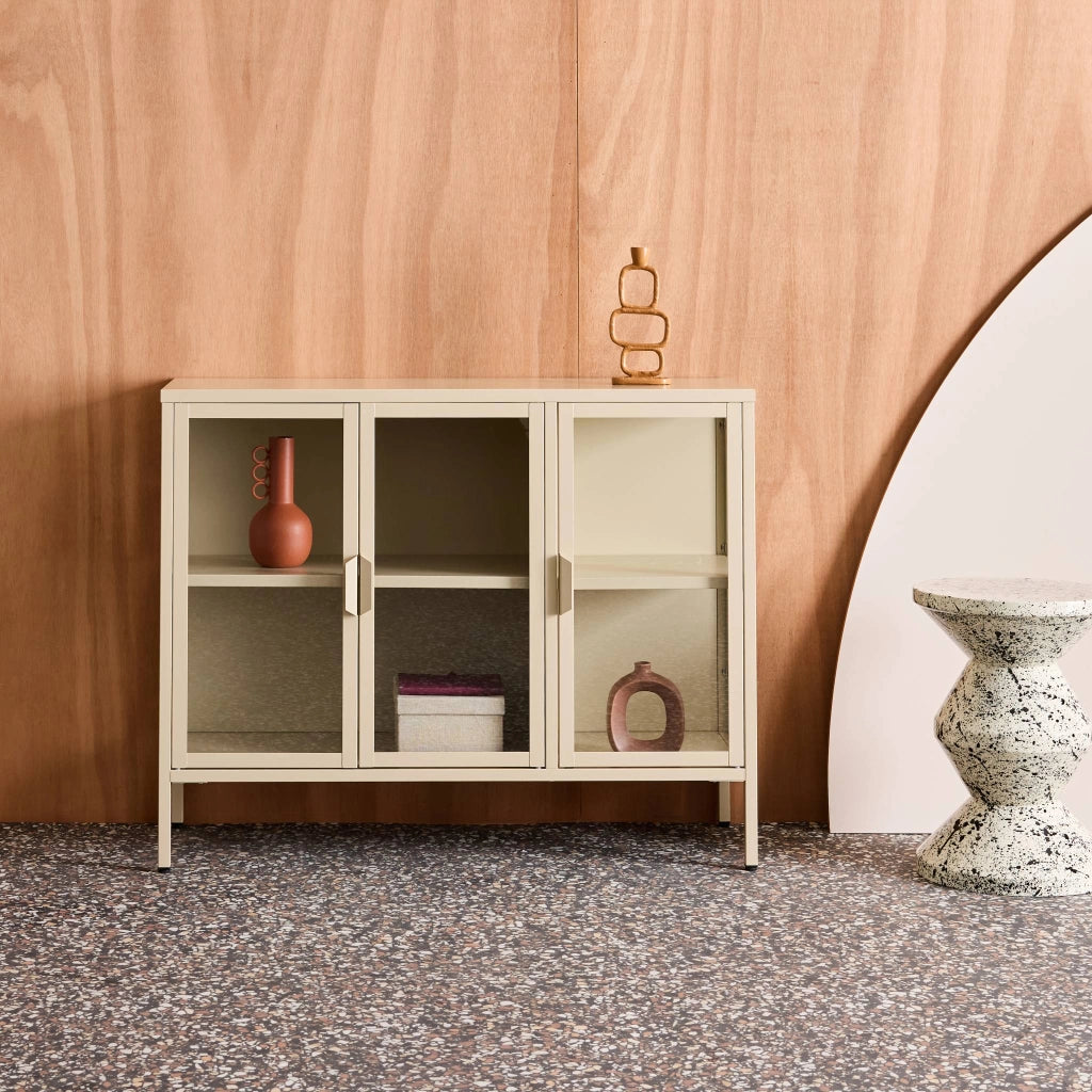 Credenza industriale in metallo e vetro temperato 3 ante, 100cm