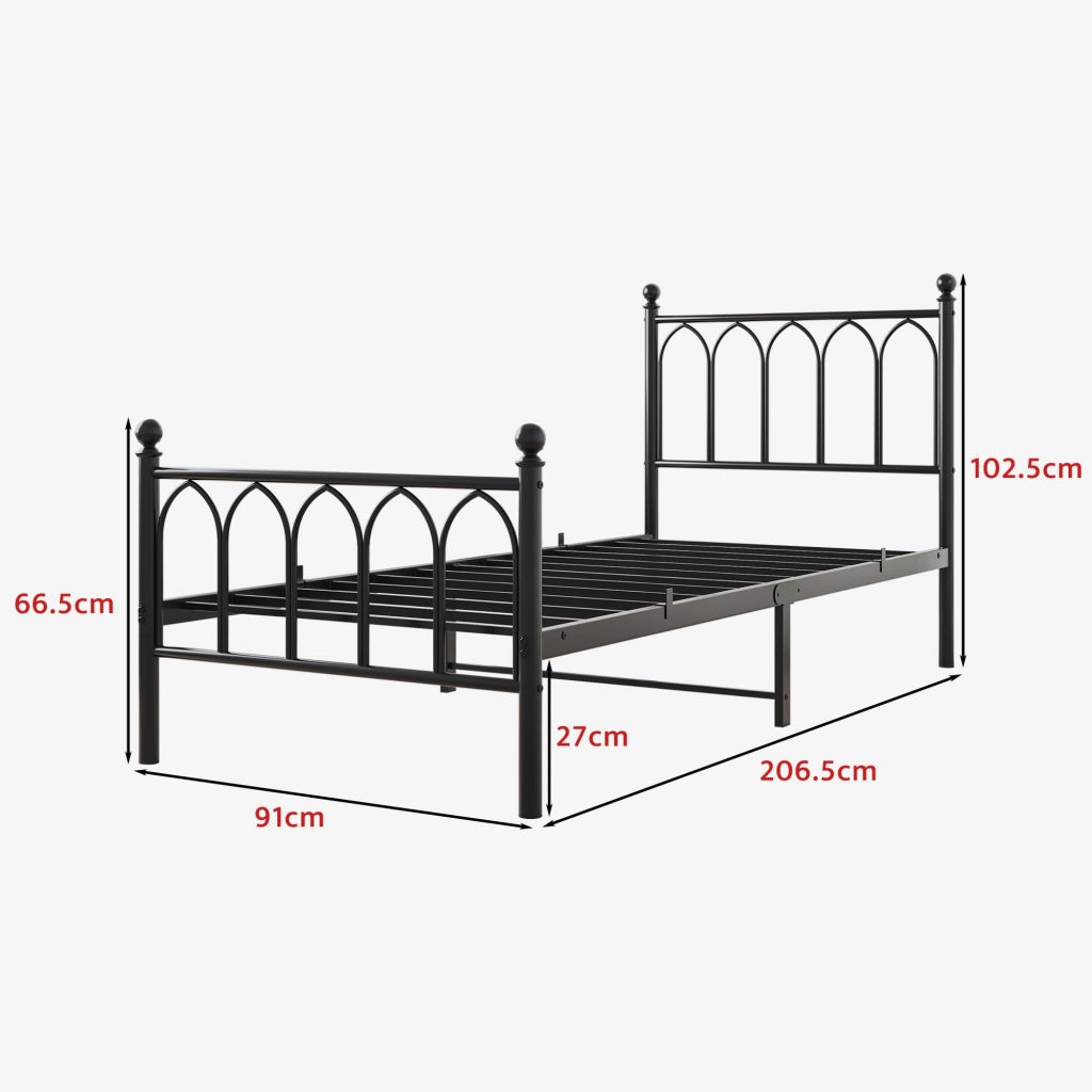 Letto in metallo con testiera vintage e contenitore, 90x200 cm, nero
