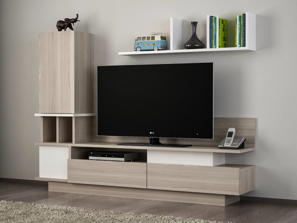 Mobile TV in legno "Como" con mensola a muro - 149 x 31 x 117 cm - Grigio chiaro
