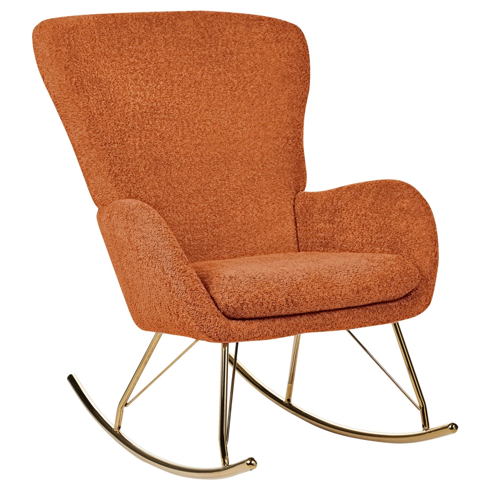 Sedia a dondolo in tessuto poliestere boucle arancione Rivestimento in metallo Gambe a pattini Design tradizionale e retrò