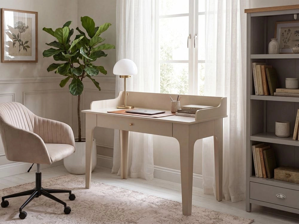 Scrivania per l'ufficio domestico in stile scandinavo, con cassetti in MDF color cashmere, 120 x 60 cm, cassetto portaoggetti, beige chiaro