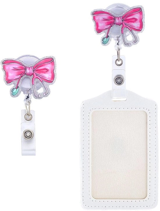 Supporto per badge intrecciabile con clip, supporto per badge in plastica, pacchetto di regalo per infermieri, nastri rossi, materiale acrilico.