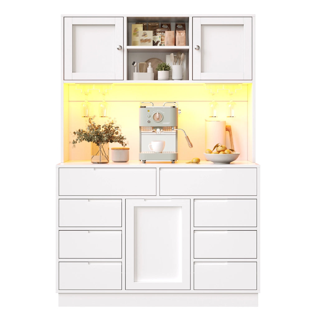 Credenza alta da cucina 120x40x183,5 cm bianca in MDF e metallo con LED