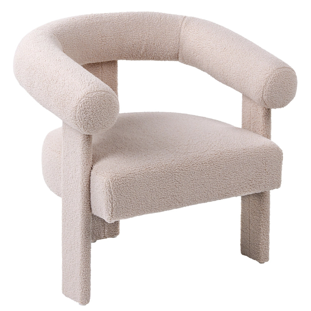Poltrona da salotto in stile retrò, rivestita in bouclé con gambe beige chiaro per soggiorno