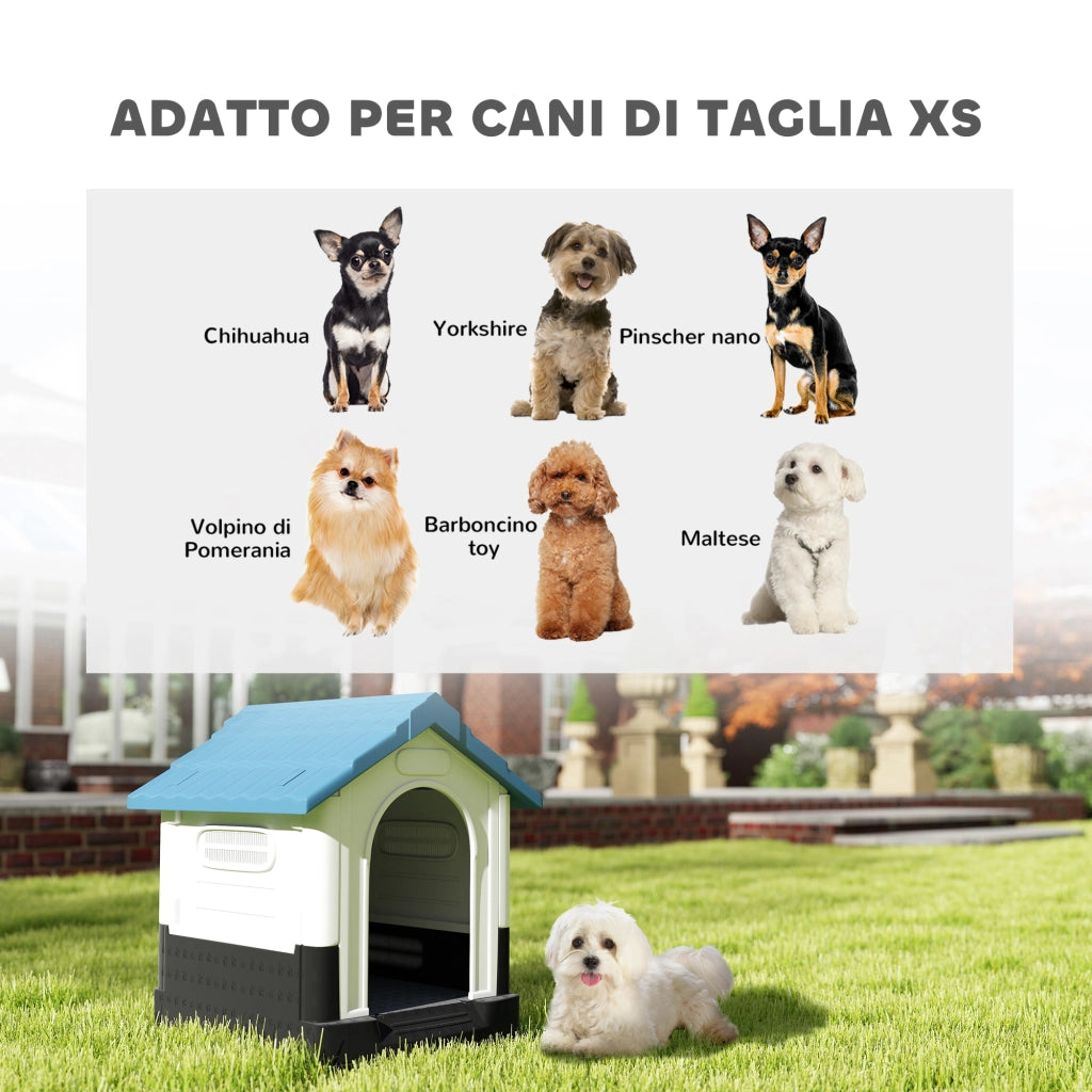 Cuccia per Cani da Esterno in Plastica con Finestre e Base Rialzata ¨C zephmum ¨C Blu 64.5x57x66 cm