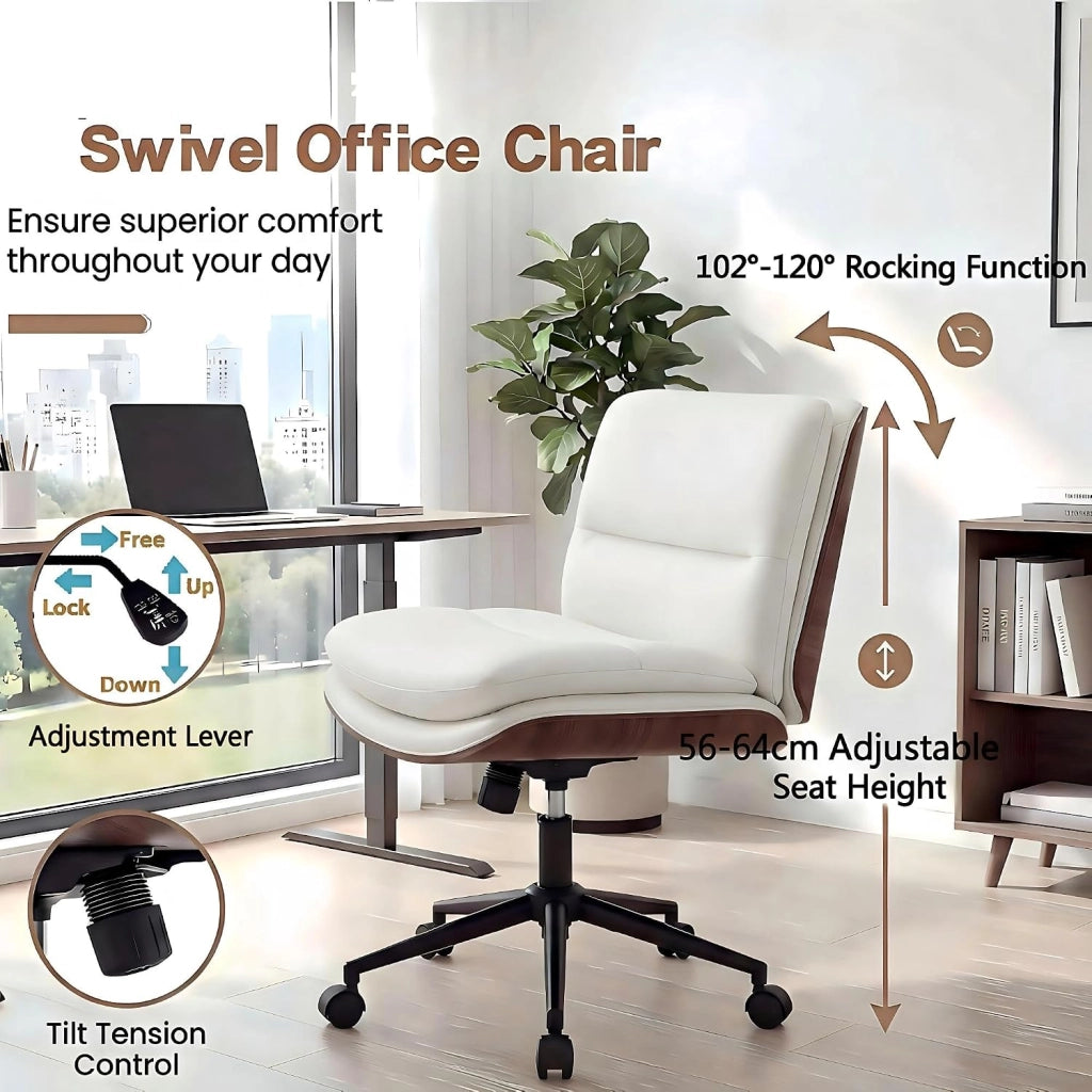 Sedia da Ufficio Girevole, Regolabile in Altezza, Sedia Ergonomica Scrivania con Schienale e Cuscini Imbottiti, Poltrona senza Braccioli con Ruote, per Lavoro, Studio e Relax (Bianco)
