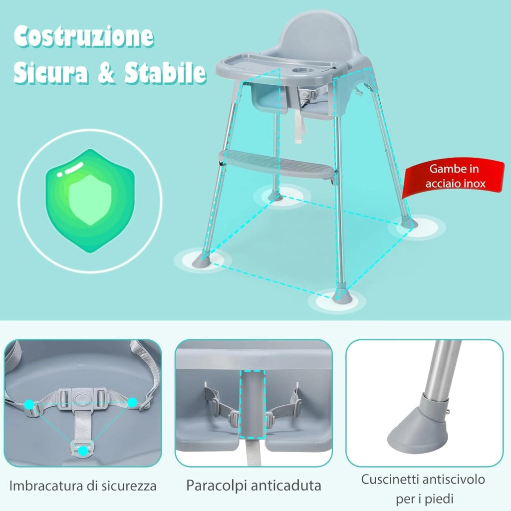4 in 1 Seggiolone Papa per Bambini, Seggiolone per Neonati con Doppio Vassoio Rimovibile a 2 Posizioni, Cintura di Sicurezza e Poggiapiedi, per Bambini 6-36 Mesi (Grigio)