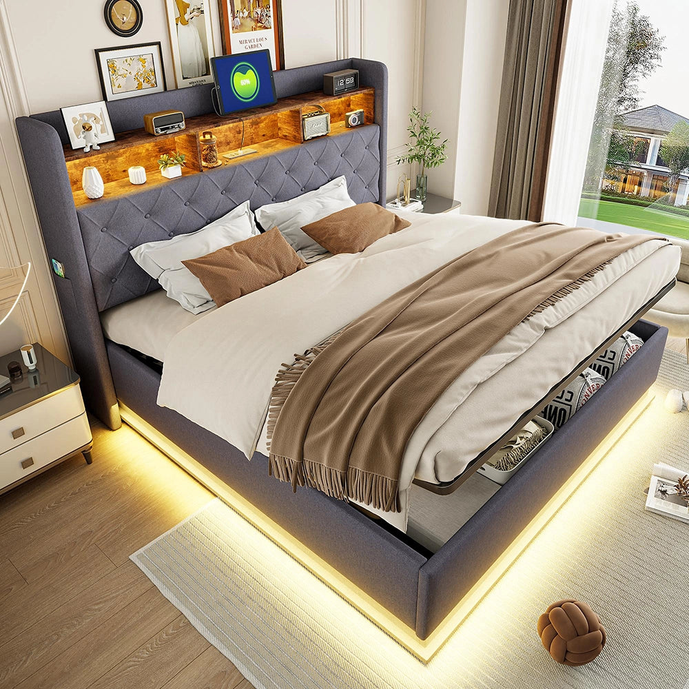 Letto matrimoniale-Xylo-180x200 cm-LED, USB, idraulico, lino, grigio