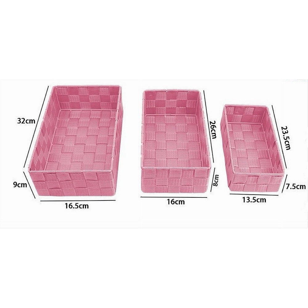 Trade Shop - Set 3 Pezzi Scatola Porta Oggetti In Tessuto Intrecciato Contenitori Rosa 79059 -
