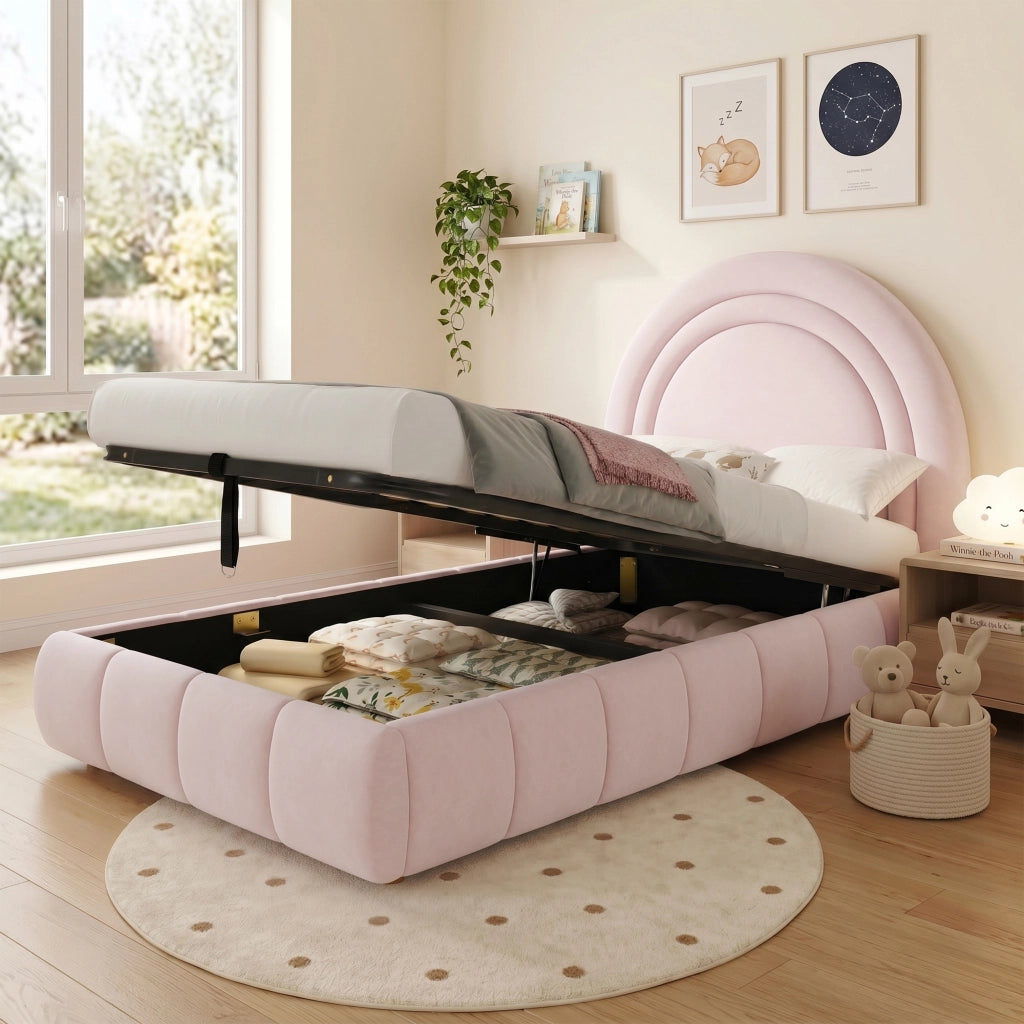 Letto Singolo Contenitore Imbottito ¨C MINIMAL ¨C Velluto Rosa 90x200, Testiera, Rete a Doghe, Idraulico