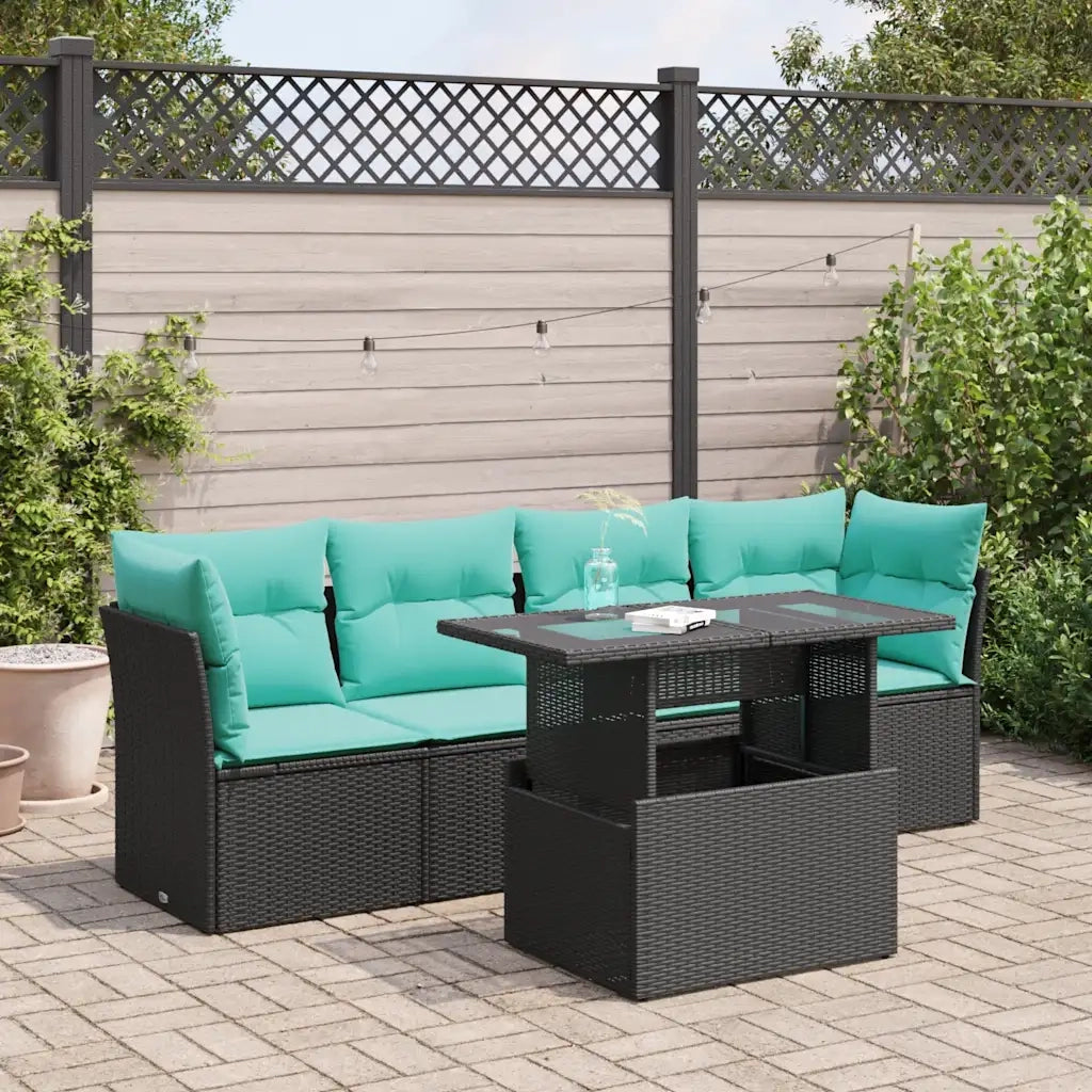 Set Divani da Giardino 5 pz con Cuscini Nero Polyrattan Acacia