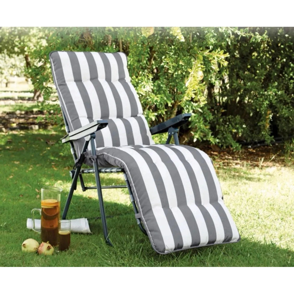 Trade Shop - Sedia A Sdraio Con Cuscino Imbottito A Righe Bianca Grigia 73x60x102 Cm Poltrona 512003 -