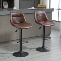 Set 2 Sgabelli da Bar Vintage in Finta Pelle Marrone con Poggiapiedi e Base Rotonda, 46.5x50x88-108 cm