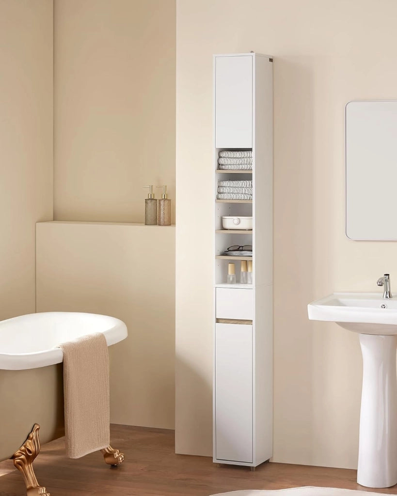 Mobile Bagno Alto e Stretto, Mobili Salvaspazio Mobiletto a Colonna da Terra con Ripiani Regolabili e Cassetto Armadietto per Bagno e Lavanderia 20×20×180 cm BZR34-WN