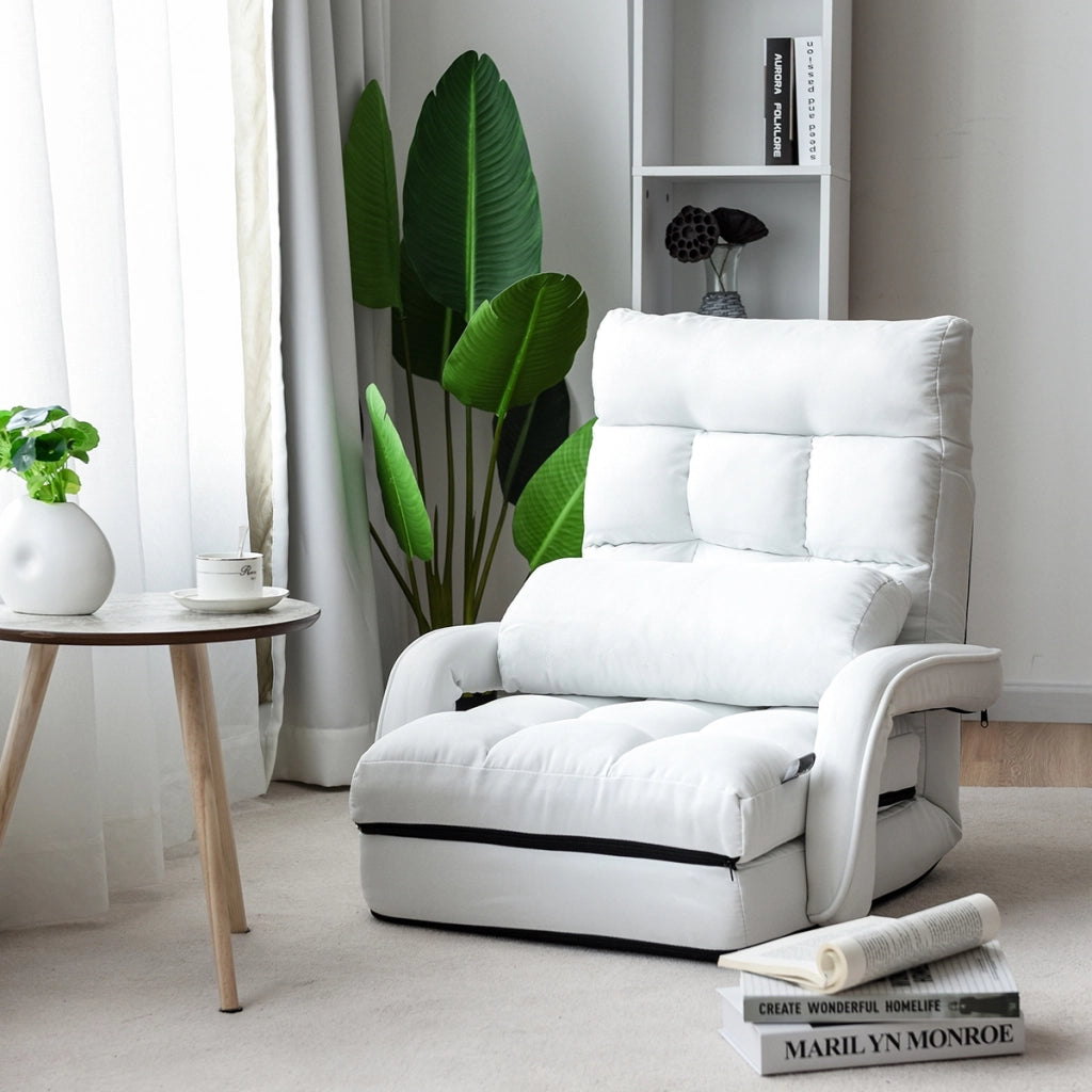 Divano letto in tessuto regolabile in 5 livelli con braccioli e cuscino pieghevole da terra, 173x67x12cm Bianco