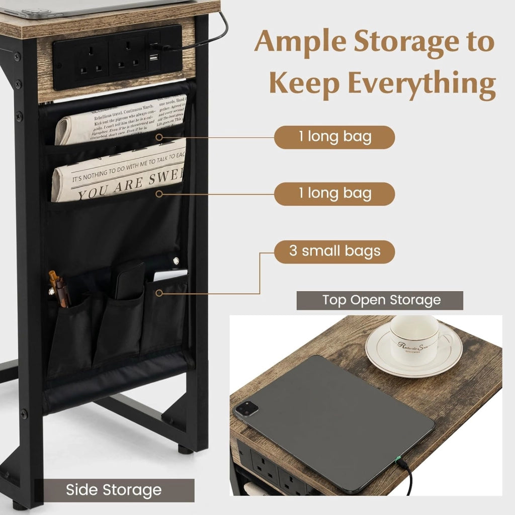 Set di 2 tavolini a forma di C con stazione di ricarica, estremità del divano con borsa laterale, 2 prese e 2 porte USB, comodino, per soggiorno, camera da letto, 40 x 30 x 60 cm