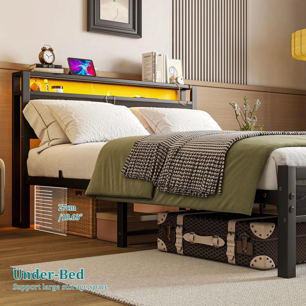 Letto contenitore 140 × 190 cm con testiera a 2 ripiani, USB Type-C, senza materasso, in metallo e MDF, nero