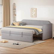 Divano letto 200.5x96x86 cm trasformabile in 2 misure; con rete a doghe; in tessuto di lino grigio chiaro