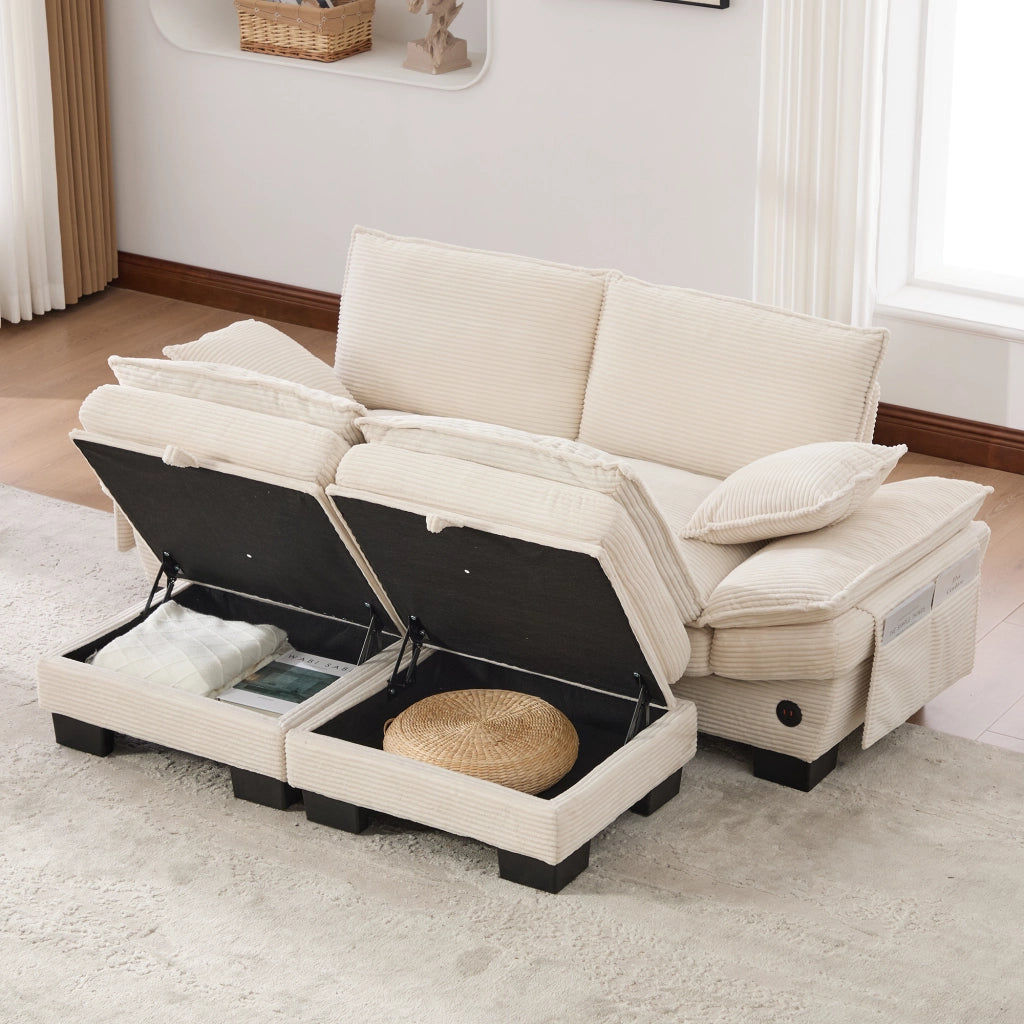 Divano modulare a 2 posti in corduroy con 2 pouf, seduta ampia ergonomica, USB-C e tasche laterali beige