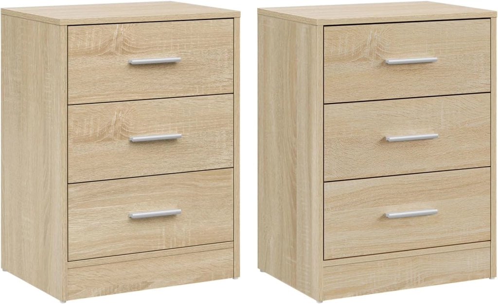 Set di 2 Comodini Moderni con 3 Cassetti, Grande Capacità, Tavolino da Letto per Camera da Letto, Soggiorno e Ufficio, 39x28x54cm, Rovere Chiaro, NTS26hei-2