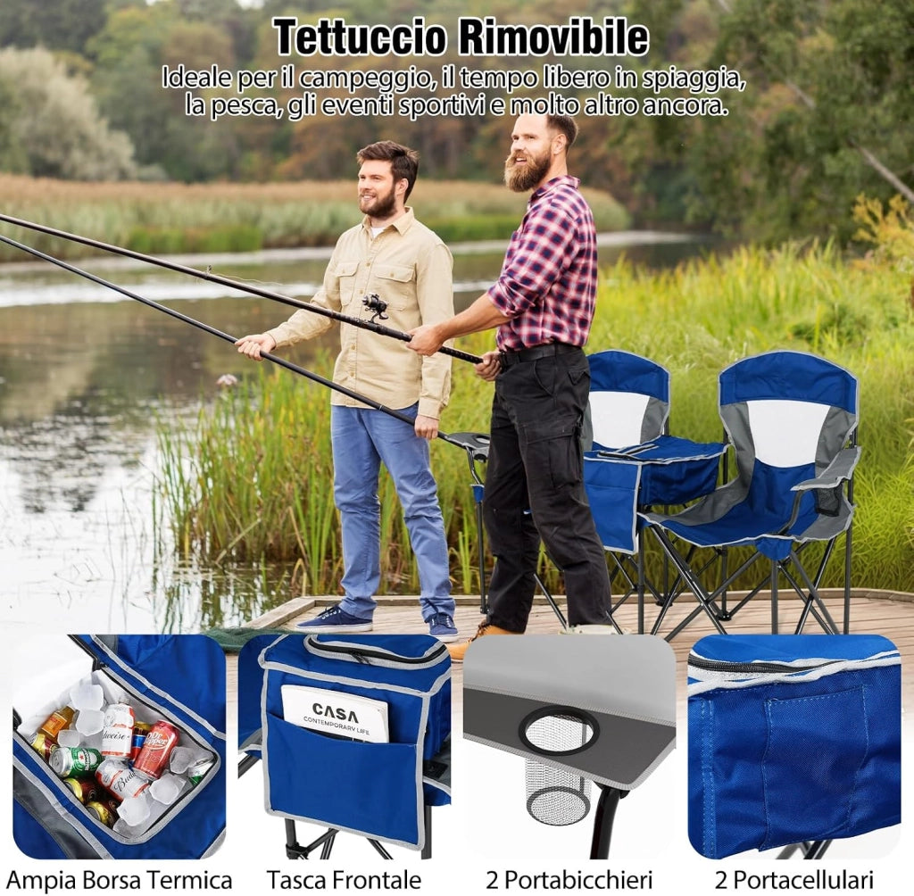 Sedia Spiaggia a Doppio, Sedia da Campeggio con Tettoia Regolabile, Poltrona Loveseat per 2 Persone, con Borsa da Trasporto, Borsa Termica, per Giardino Picnic, Portata 300 kg (Blu)