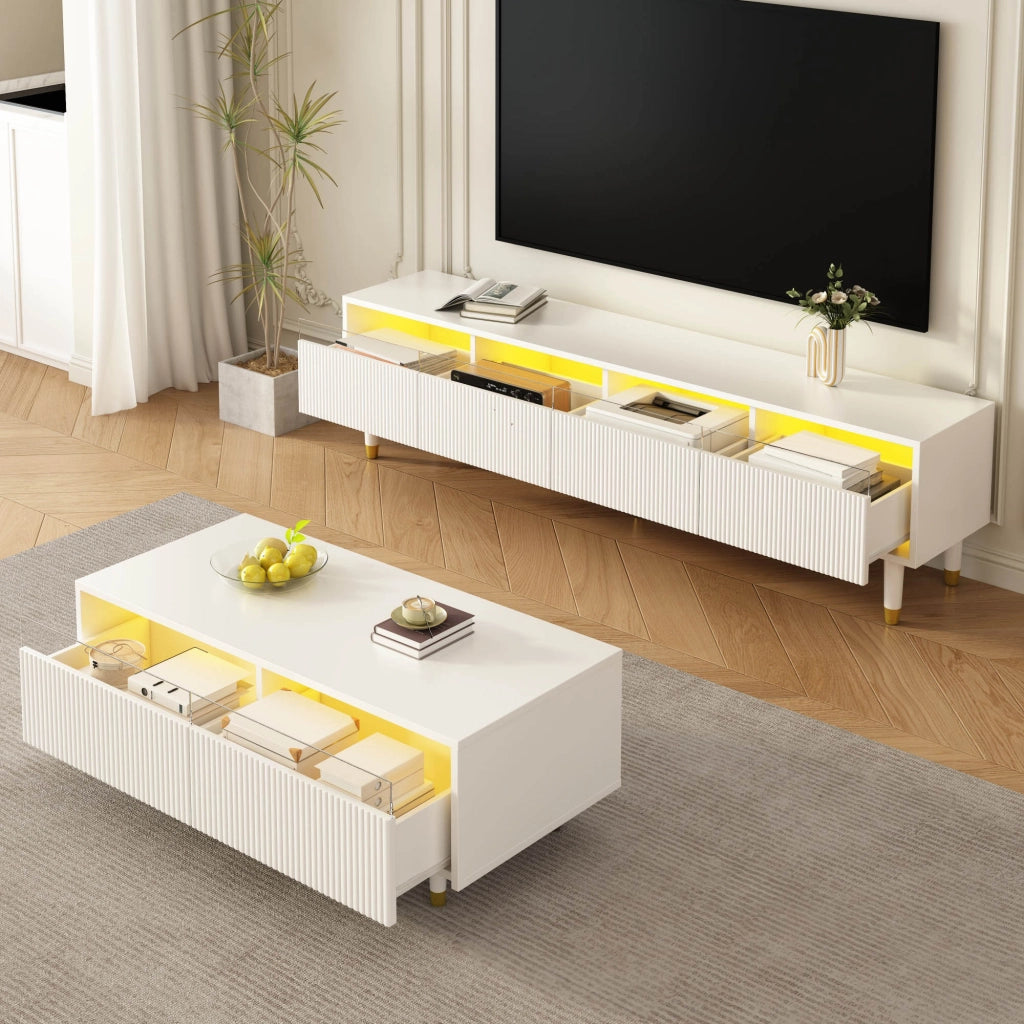 SET Mobile TV 4 ante e Tavolino 110/178 cm MDF Bianco con LED