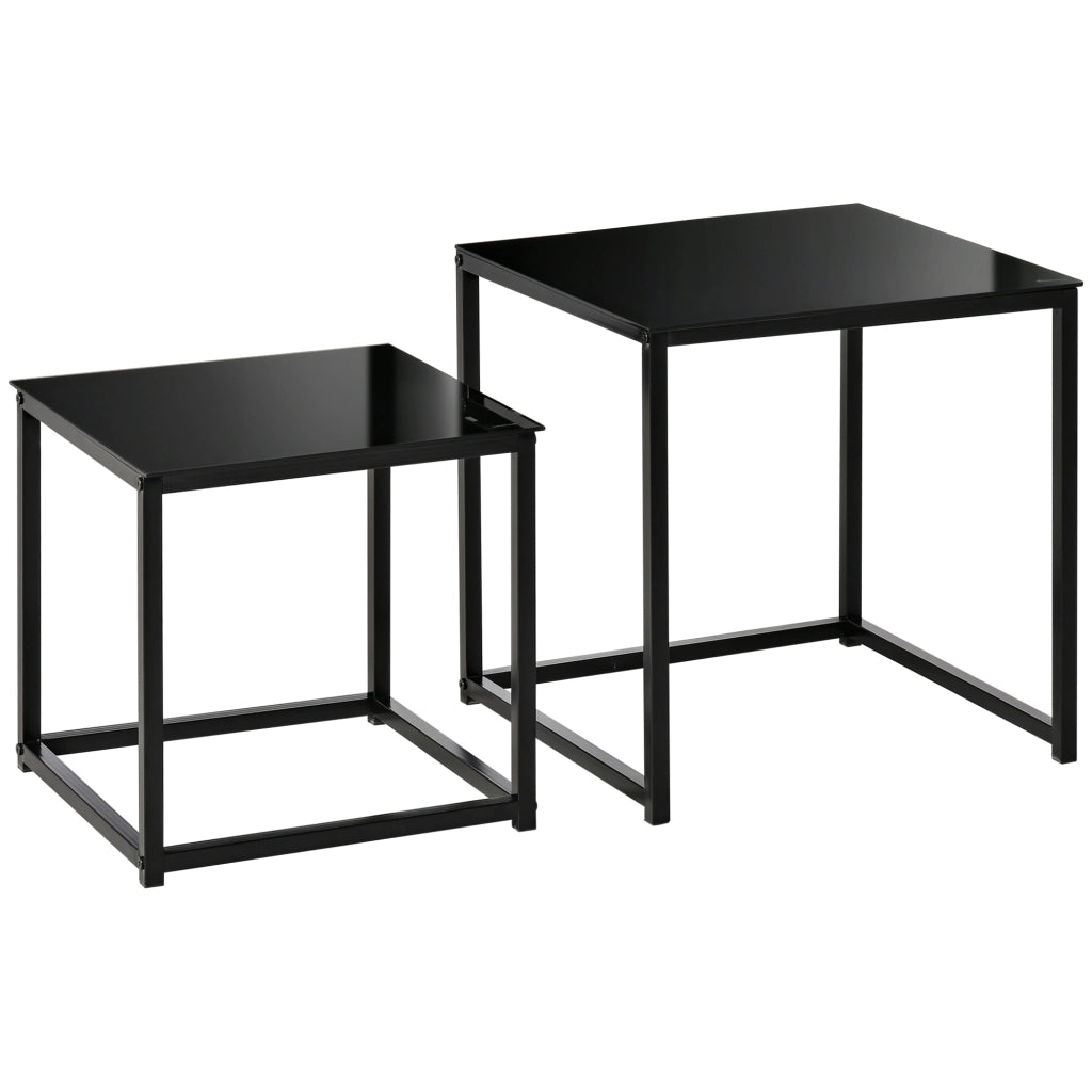 Set 2 Tavolini da Salotto Quadrati Moderni, in Acciaio e Vetro Temperato, Nero