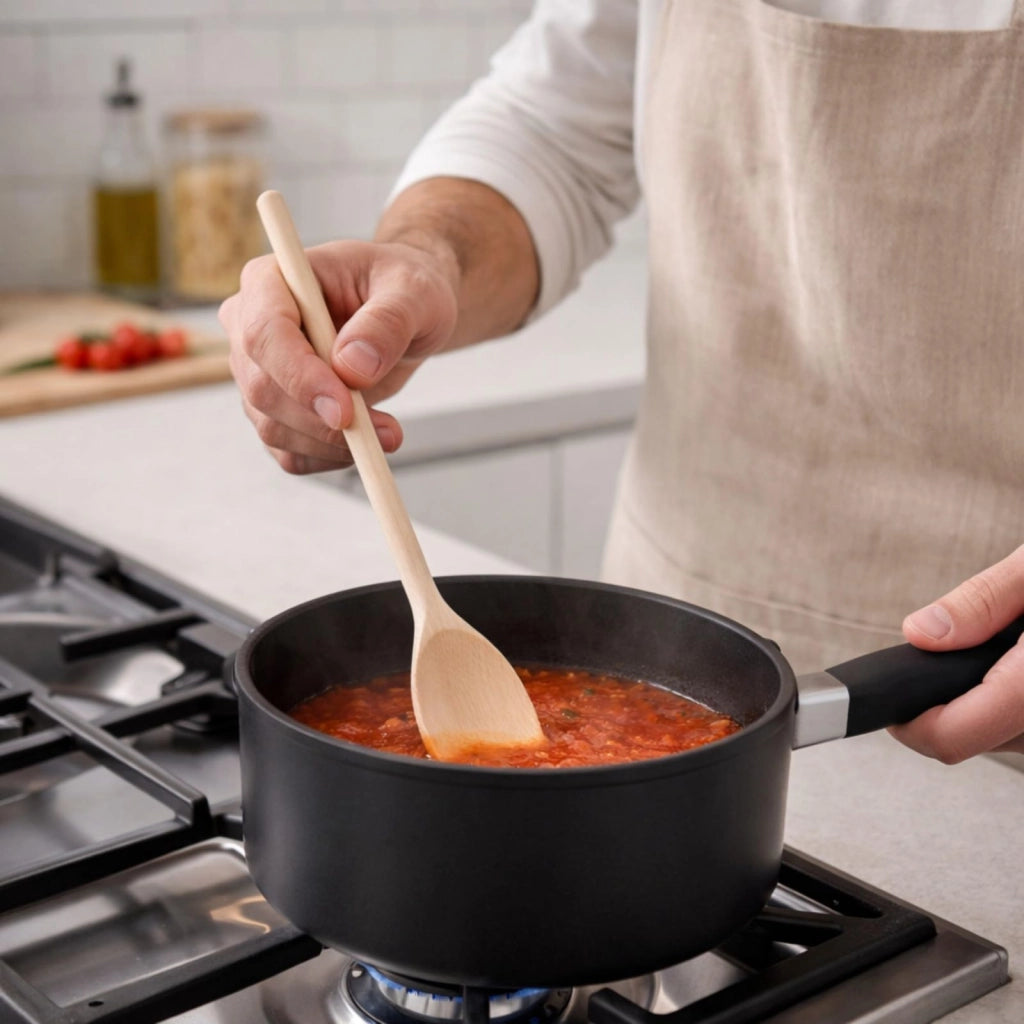 Set Utensili Cucina in Legno Naturale 3 Mestoli Antigraffio 31 cm per Pentole