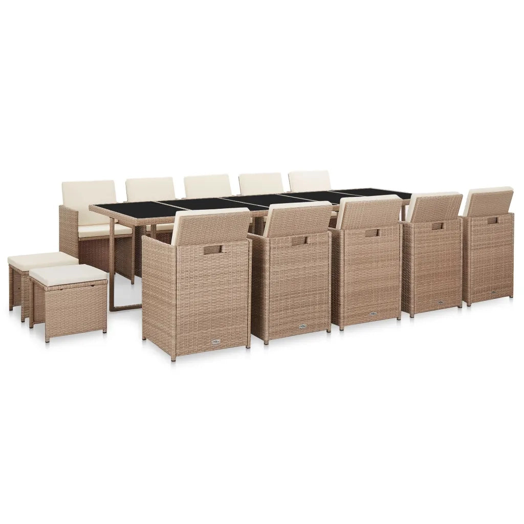 Set da Pranzo da Giardino 15 pz con Cuscini in Polyrattan Beige