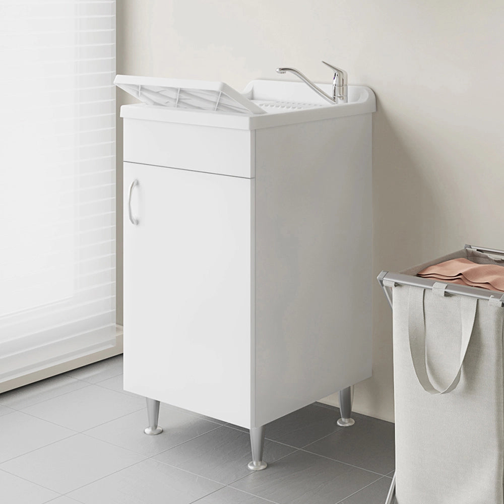 Set lavanderia con lavatoio colonna e pensile in legno bianco Fedra
