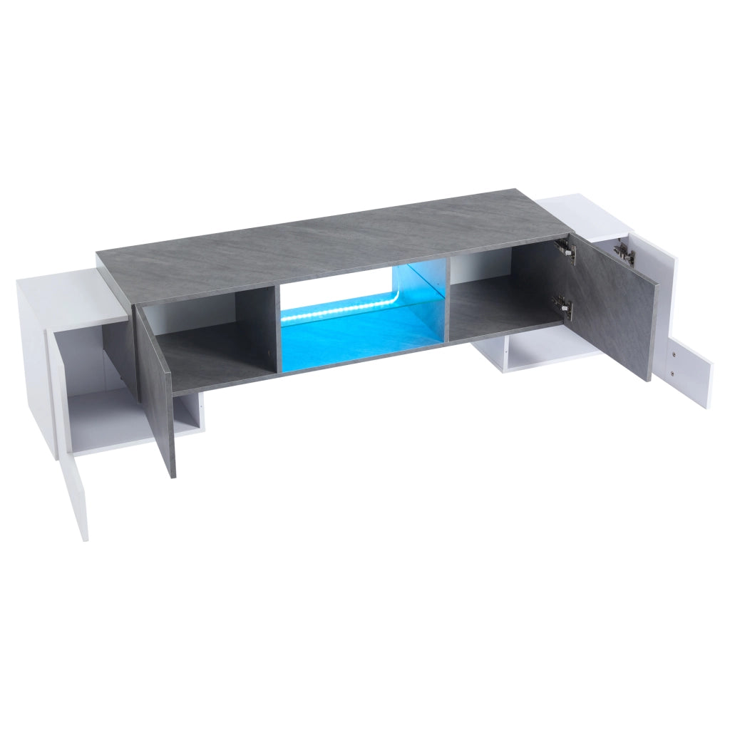 Mobile porta TV con LED, 4 ante, 3 vani e ripiani in vetro, per soggiorno, in MDF, bianco e grigio, 180 × 40 × 46,5 cm