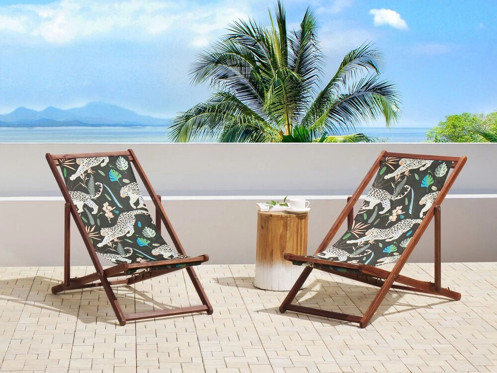 Set di 2 sedie a sdraio da giardino con struttura in legno di acacia scuro motivo animale tessuto amaca sedile reclinabile