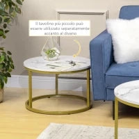 Set 2 Tavolini da Salotto Rotondi e Impilabili in Acciaio e Truciolato, Ø74x46.3 cm e Ø59x38.5 cm, Bianco e Oro