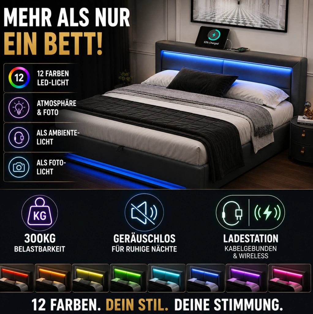 Letto imbottito 90 x 200 cm con LED, USB e vano contenitore